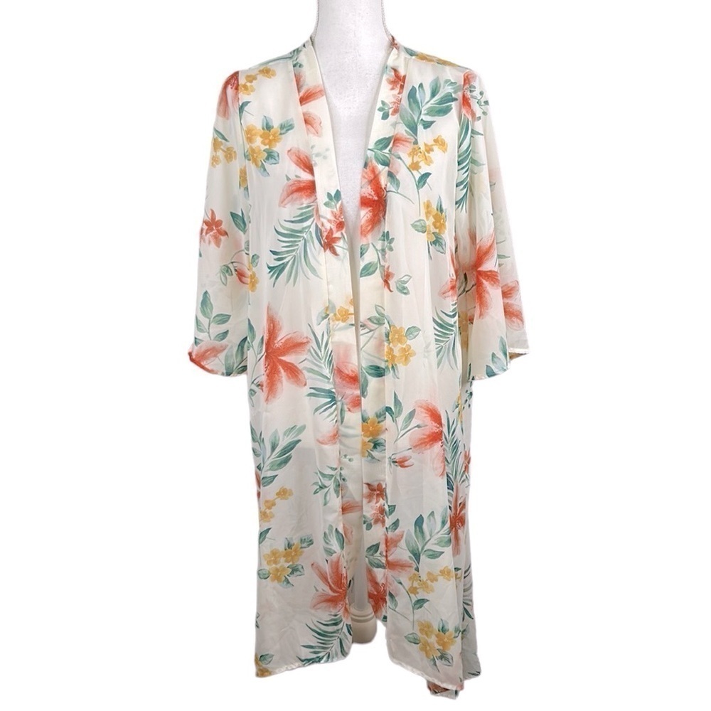 Iris Tropical Sheer 3/4 Sleeve Long Open Sheer Cardigan Top Cover Up Size Large